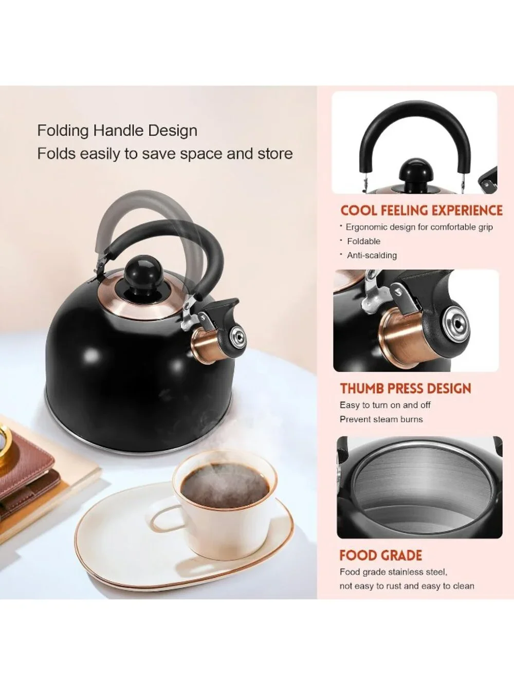 GGC Black Stainless Steel Kettles 2.6QT Whistling Stove Top Folding Wood Handle